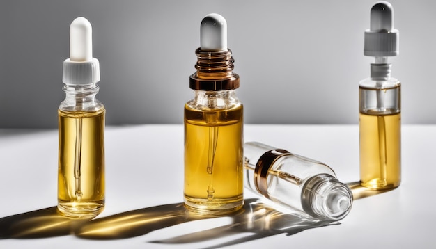 Golden elixirs in glass bottles with droppers