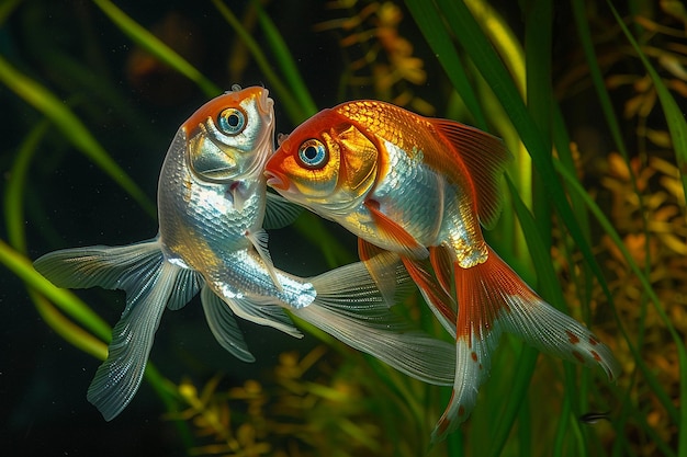 Photo golden embrace pair of intertwined goldfish