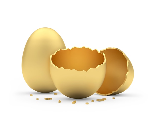 Golden empty broken egg next to a whole Easter egg