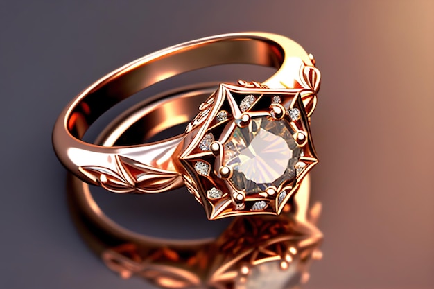 Golden Engagement Ring with Diamond. Jewellery background. 3D rendering