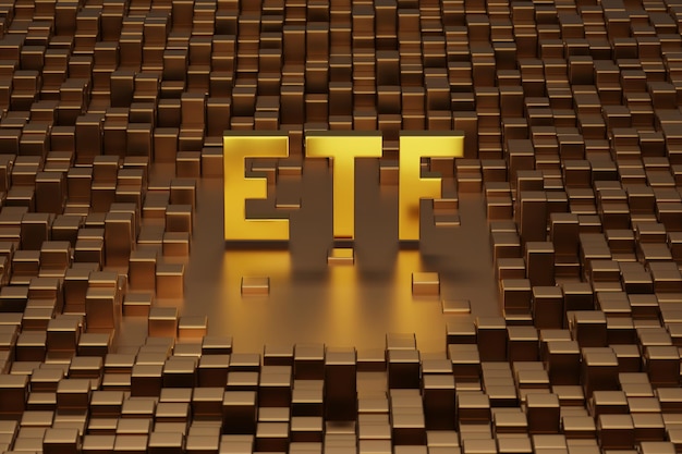 Твердое слово Golden ETF на металлических кубах 3d иллюстрация