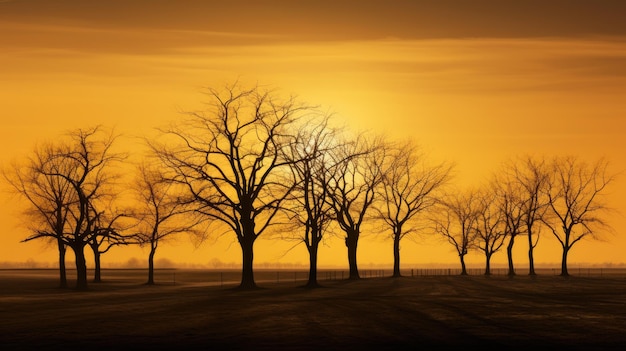 Golden evening sky in the flemish countryside with bare tree silhouettes