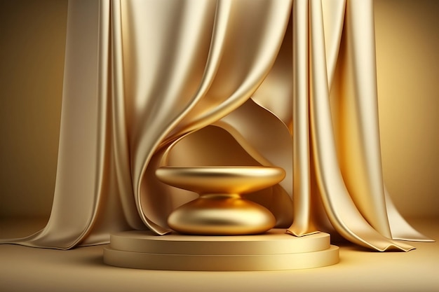 Golden Fabric on Blank Podium Shelf with Gold Background and MuseumStyle Backdrop Generative ai