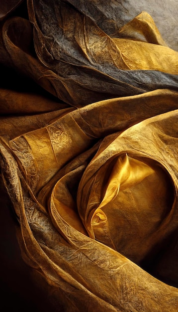 golden fabric with beautiful folds, elegant decorative or baroque image for creative design backgrounds, fabric folds