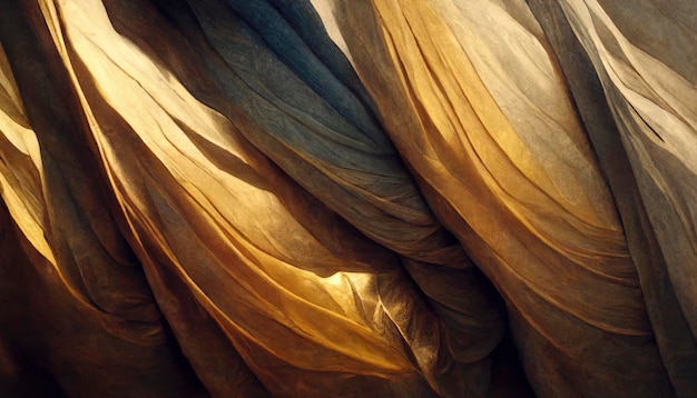 golden fabric with beautiful folds, elegant decorative or baroque image for creative design backgrounds, fabric folds