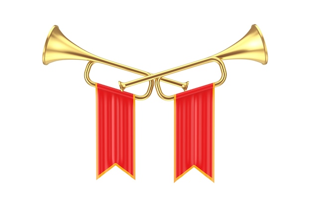 Golden Fanfare Trumpets with Red Flags on a white background. 3d Rendering