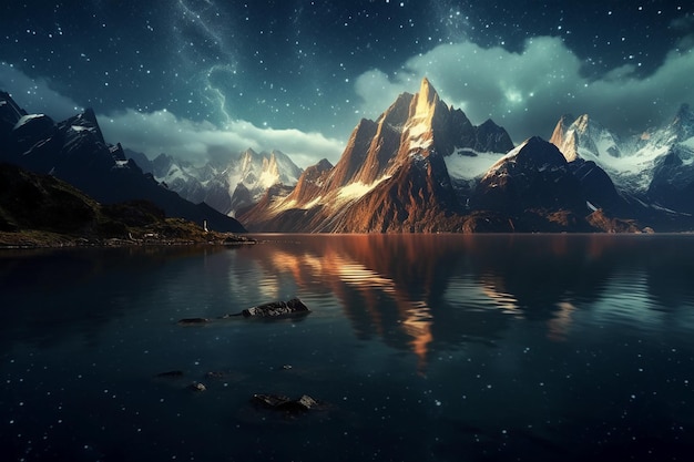 Golden fantasy starry sky at night towering mountains clear sparkling lake surface AI generative