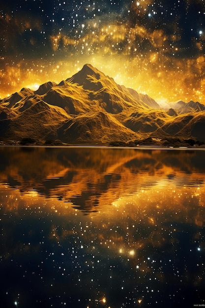 Golden fantasy starry sky at night towering mountains clear sparkling lake surface ai generative