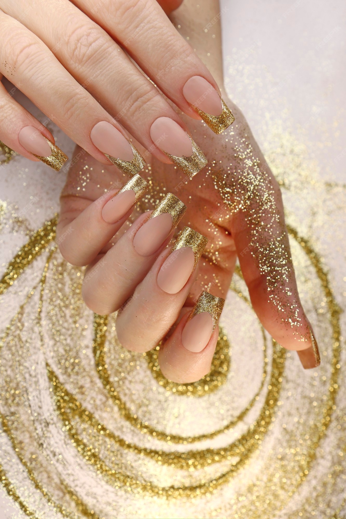 Premium Photo | Golden Fashion French Manicure On Long Nails With Gold  Glitter.