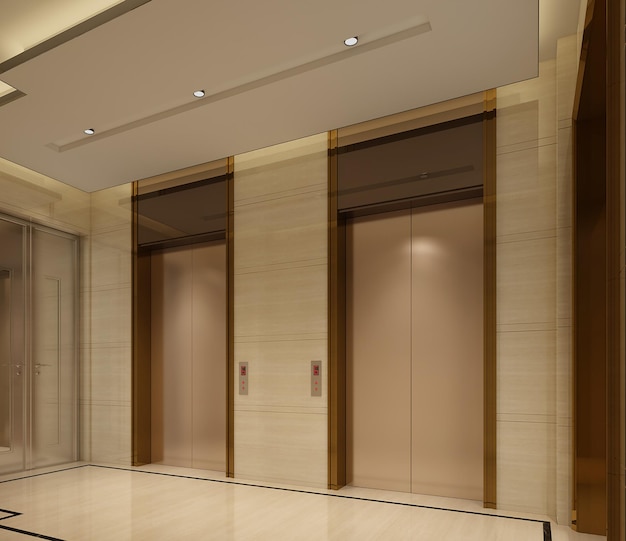 Golden fashion lift doors Office hallway with closed half closed and open elevator cabinsoffice building elevator 3D render 3D image