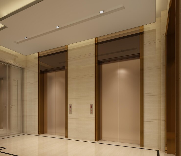  Golden fashion lift doors office hallway with closed half closed and open elevator cabinsoffice bui