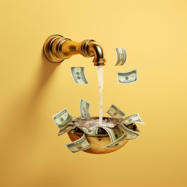 Photo golden faucet pouring money into a bowl ed freeman style