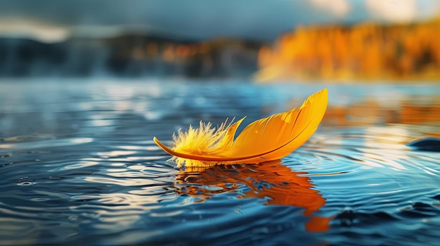 Photo golden feather floating gracefully on serene blue waters during sunset