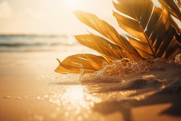 A golden feather is laying on the beach