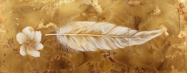 Photo golden feather triptych on marbled wall art decor