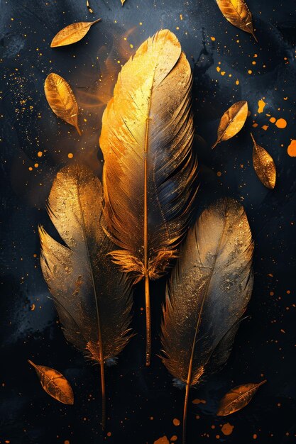 Golden feathers highlighted on a black background