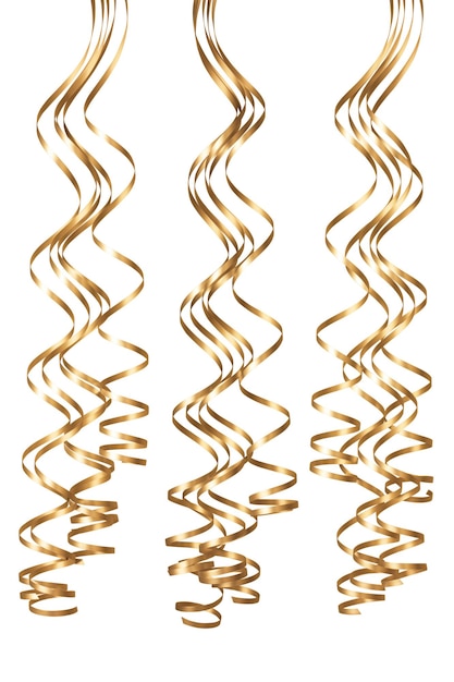 Golden festive curling serpentine streamers isolated on white background