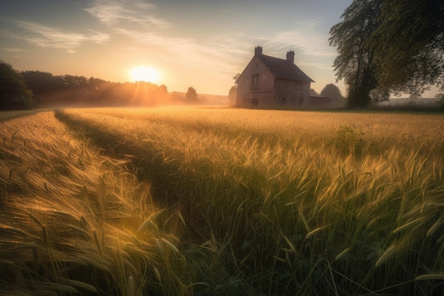 Golden field of wheat with rabbits and butterflies generative IA