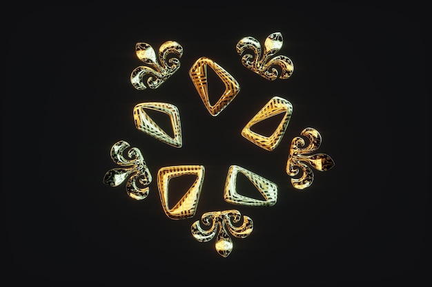 Golden figures on a dark background abstraction 3D render 3D illustration