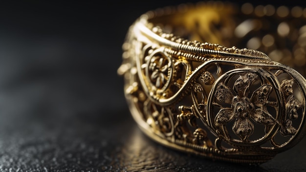 Golden filigree cuff bracelet on a dark backdrop