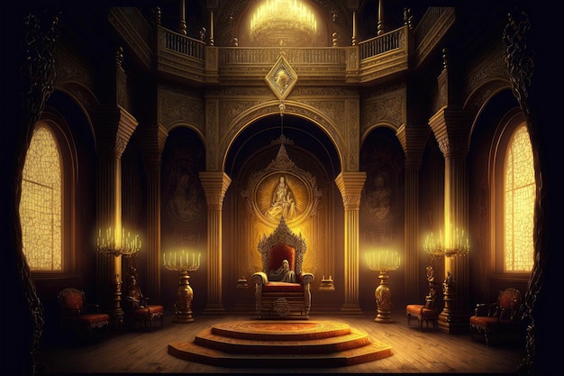 A golden filigree throne room in a medieval castle king sitting on the throne intricate designs the walls and ceiling