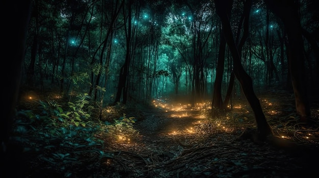 golden fireflies lights in magic night forest path in blue and green colors