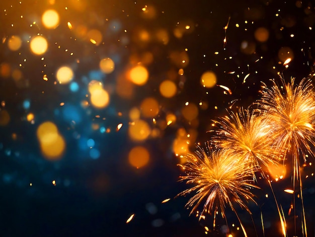 Golden Fireworks and bokeh in New Year eve abstract background