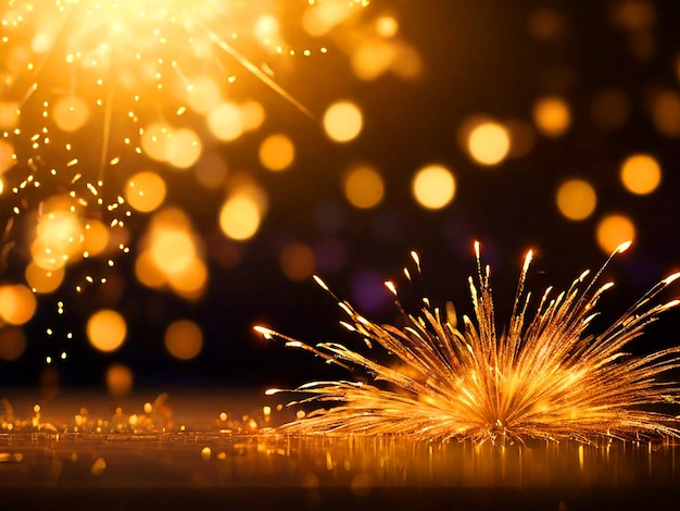 Golden Fireworks and bokeh in New Year eve abstract background