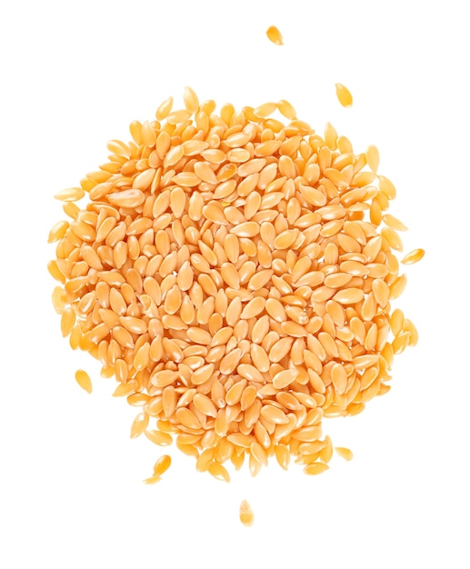 Golden flax seeds isolated on white background heap of dry flaxseed or linseed top view