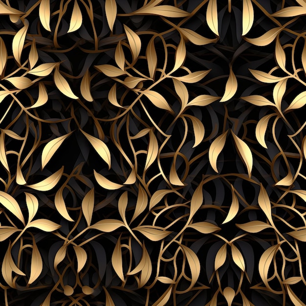 Photo golden floral vine pattern in kirigami style on black background