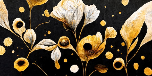 Golden flowers on black background gold glitter beautiful wallpaper art Generative Ai