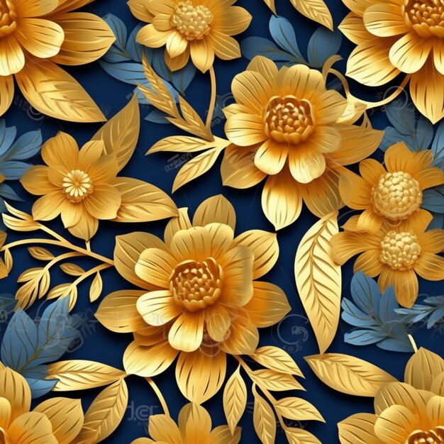 Golden flowers on a blue background generative ai