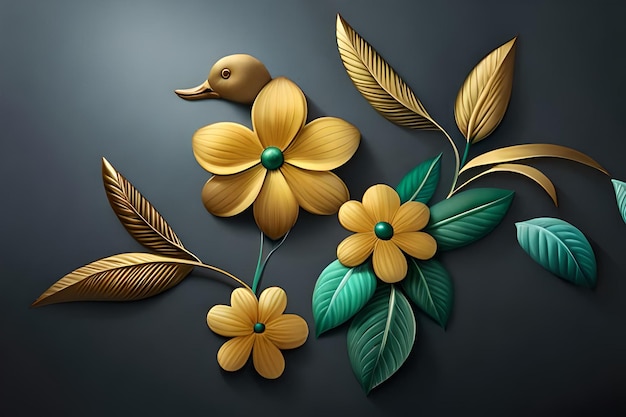 Golden Flowers Branches with golden duck paper cutout of a duck with green leaves and flowers