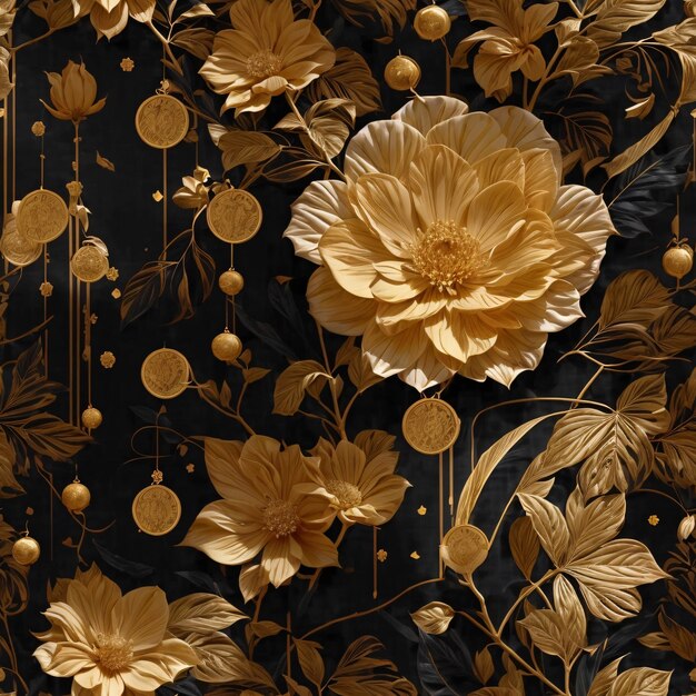 Golden Flowers and Leaves Pattern on Black Background Luxurious Decoration Of Botanical Floral