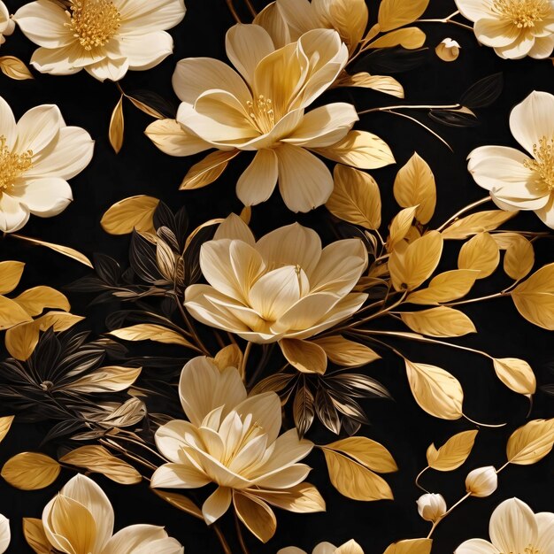 Golden Flowers and Leaves Pattern on Black Background Luxurious Decoration Of Botanical Floral