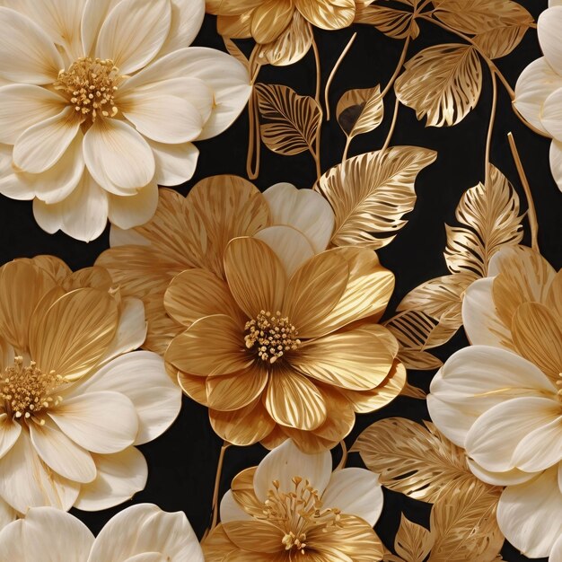 Golden Flowers and Leaves Pattern on Black Background Luxurious Decoration Of Botanical Floral