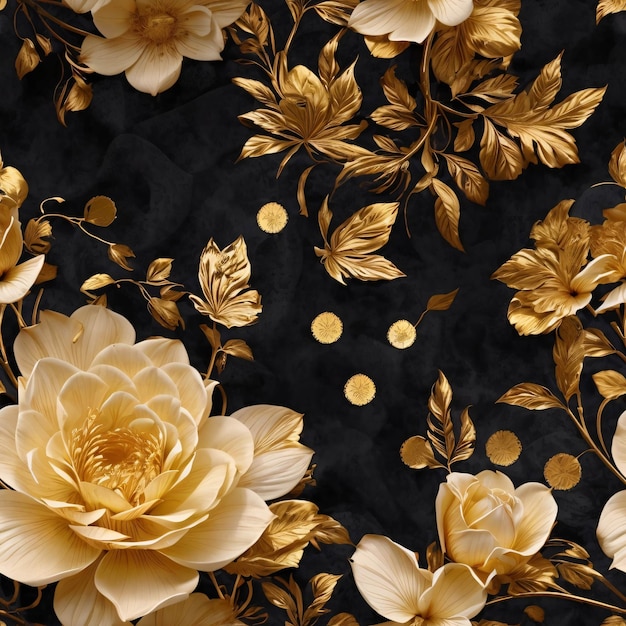 Photo golden flowers and leaves pattern on black background luxurious decoration of botanical floral