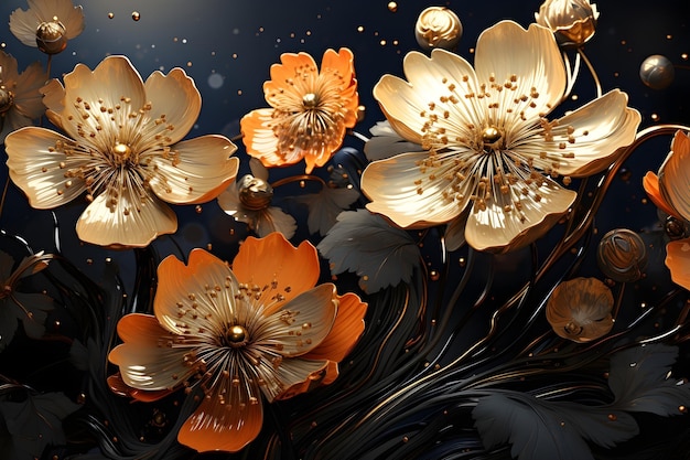 Golden flowers with paint splatter on black