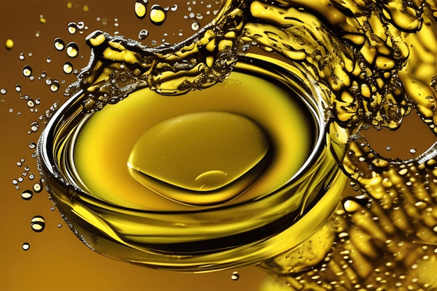 Golden fluid Vegetable sunflower or olive oil frozen motion splash with droplets