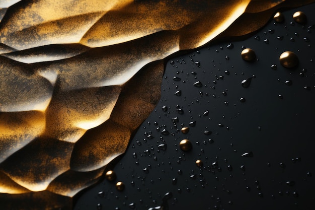 golden foil with drops of water on a black background close up