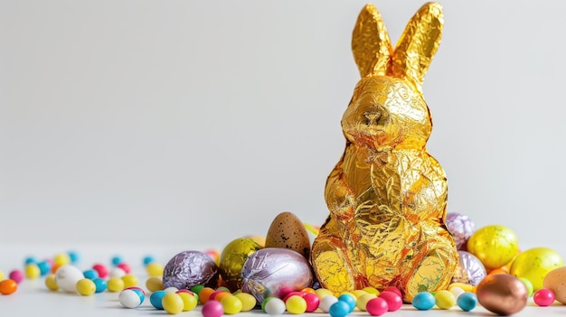 Golden FoilWrapped Chocolate Bunny Amongst Colorful Easter Eggs