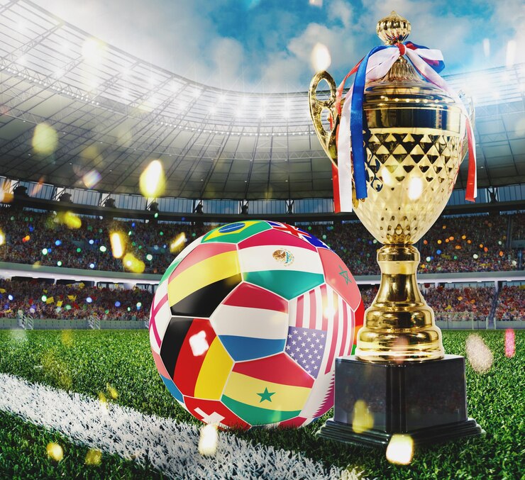 Golden football trophy with soccerball with worldwide contries