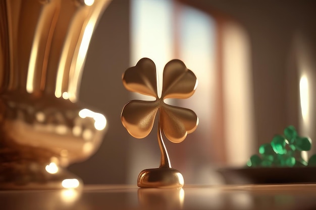 A golden four leaf clover sits on a table in front of a lamp.