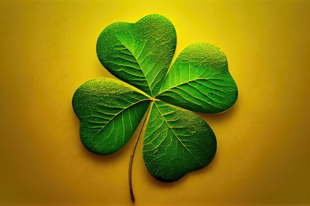 Golden fourleaf green clover on yellow background