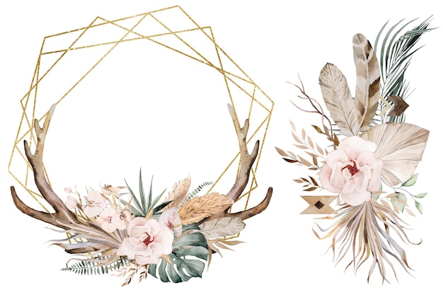 Golden frame and bouquet with Watercolor deer antlers tropical leaves and flowers illustration