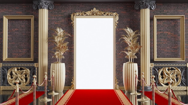 Golden frame door among black and gold columns red carpet entrance with barriers and velvet ropes 3d render