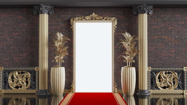 Golden frame door among black and gold columns Red carpet entrance with barriers and velvet ropes 3D render