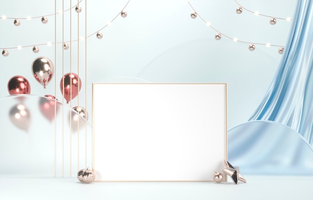 공백, 실크 커튼 및 휴일 풍선이있는 그림을위한 골든 프레임