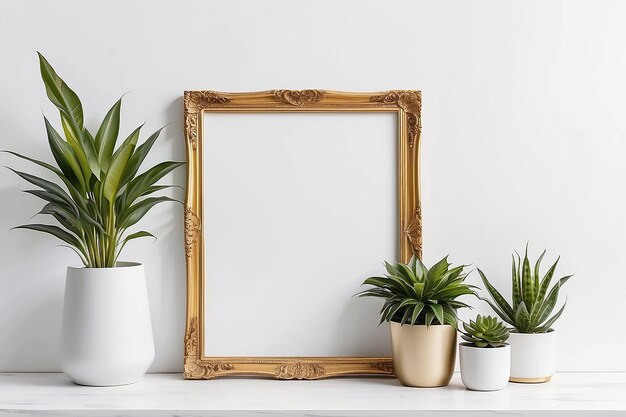 Golden frame mockup on white wall background home decor with plants and objects