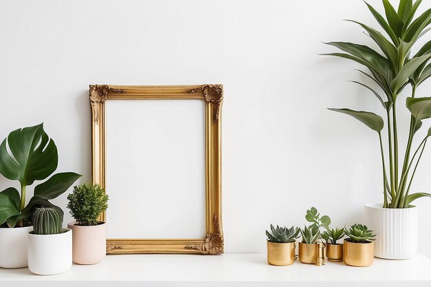 Golden frame mockup on white wall background home decor with plants and objects